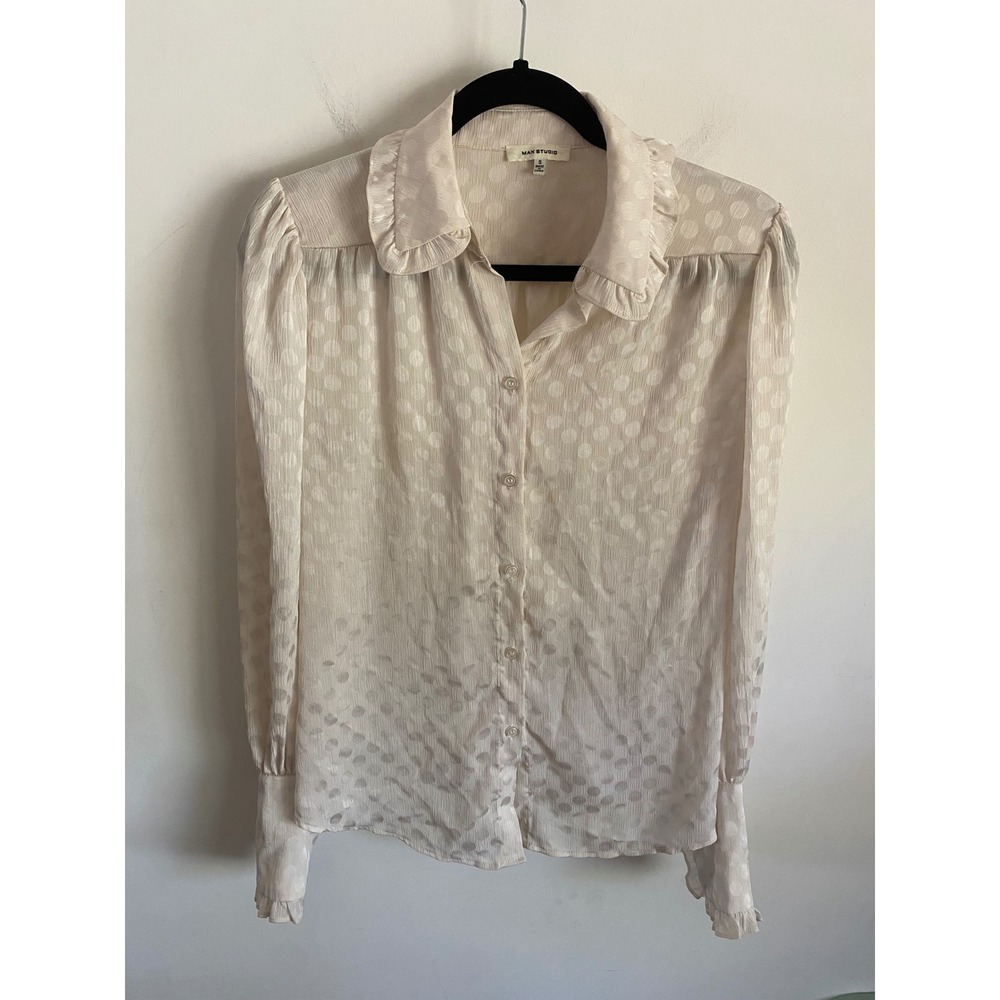 Max Studio Cream Jacquard Polka Dot Ruffle Collar Blouse‎ Small Womens